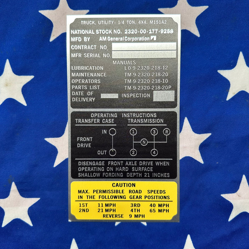 M151A2 AM General Blank Data Plate
