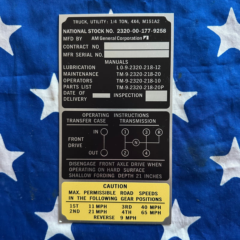 M151A2 AM General Blank Data Plate