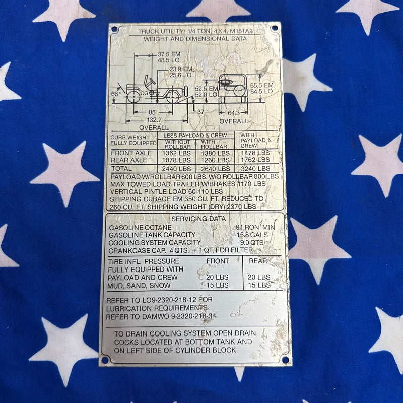 USED M151A2 ROPS Data Plate