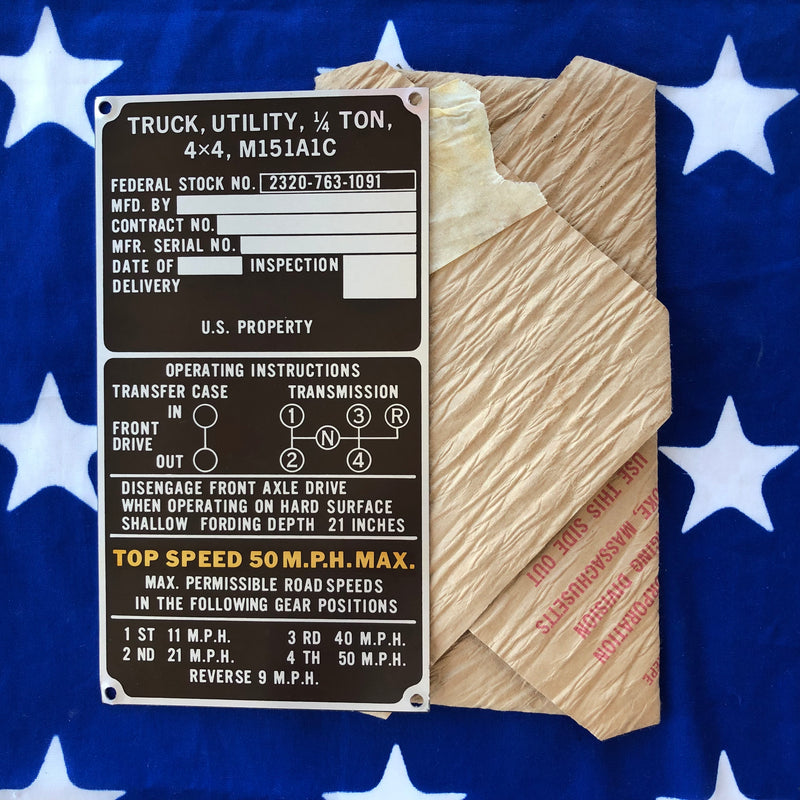 M151A1C NOS Operating Instruction Data Plate