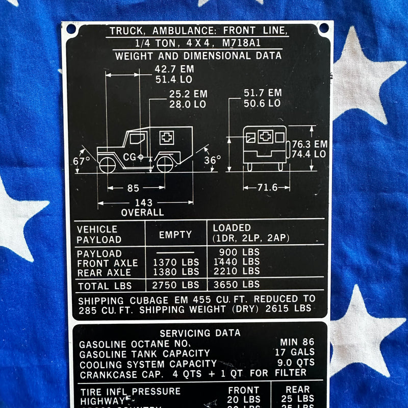 M718A1 Ambulance NOS Weight & Dimensional Data Plate